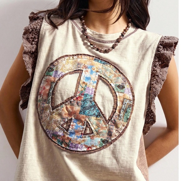 Boho Color block Floral print Peace Patchwork Tank Top - Picture 4 of 6